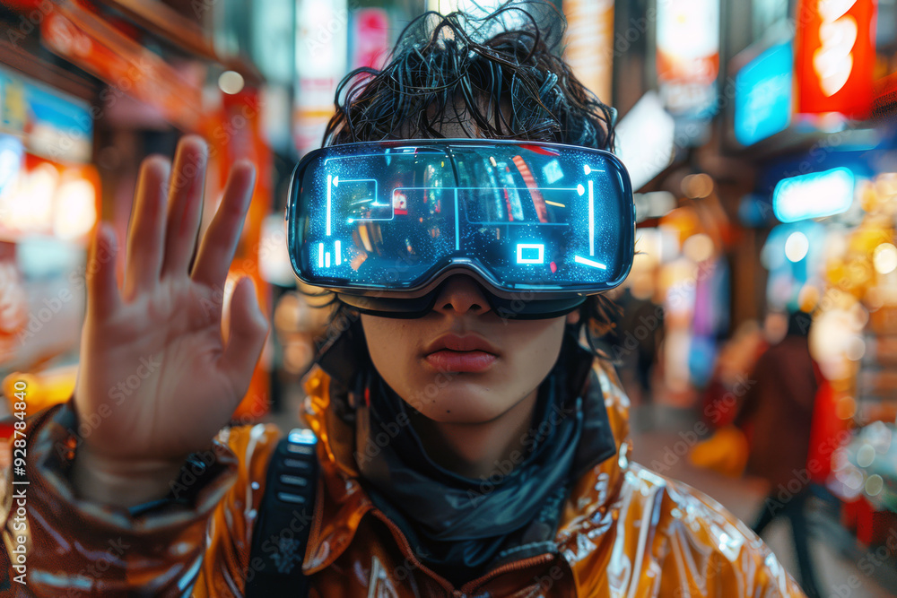 Asian male engages with augmented reality applications using VR smart glasses and gesture controls in a vibrant urban setting, modern innovative technology Asian male engages with augmented reality applications using VR smart glasses and gesture controls in a vibrant urban setting, modern innovative technology