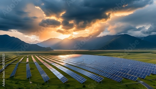 The sunshine panels on the Chamdo Ranch, the magnificent scenery covered with dark clouds in the distance. photo