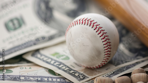 Close-up of a baseball and bat resting on dollar bills