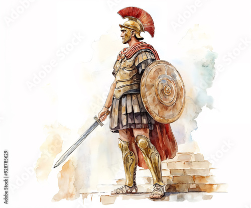 Defender of Rome. A Centurion on the Lookout. Watercolor Style Illustration. 