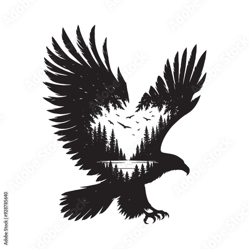 silhouette of Eagle filled with nature view in rough drawing