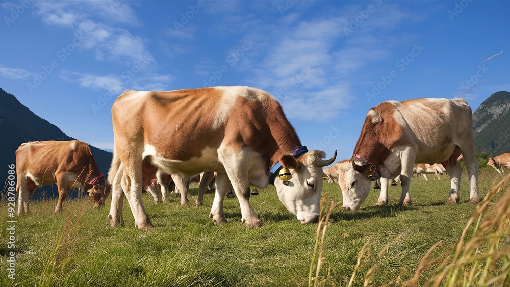 Group of alpine breed cows in herd Group of alpine breed cows in herd