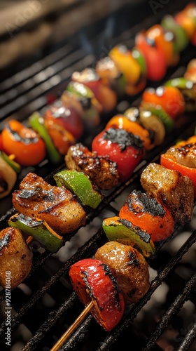 A grill with three skewers of meat and vegetables on it