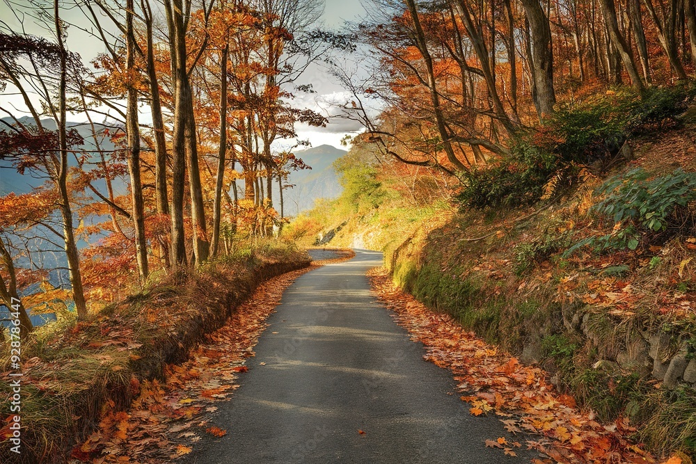 Small mountain road in autumn with fallen leaves from plants Small mountain road in autumn with fallen leaves from plants