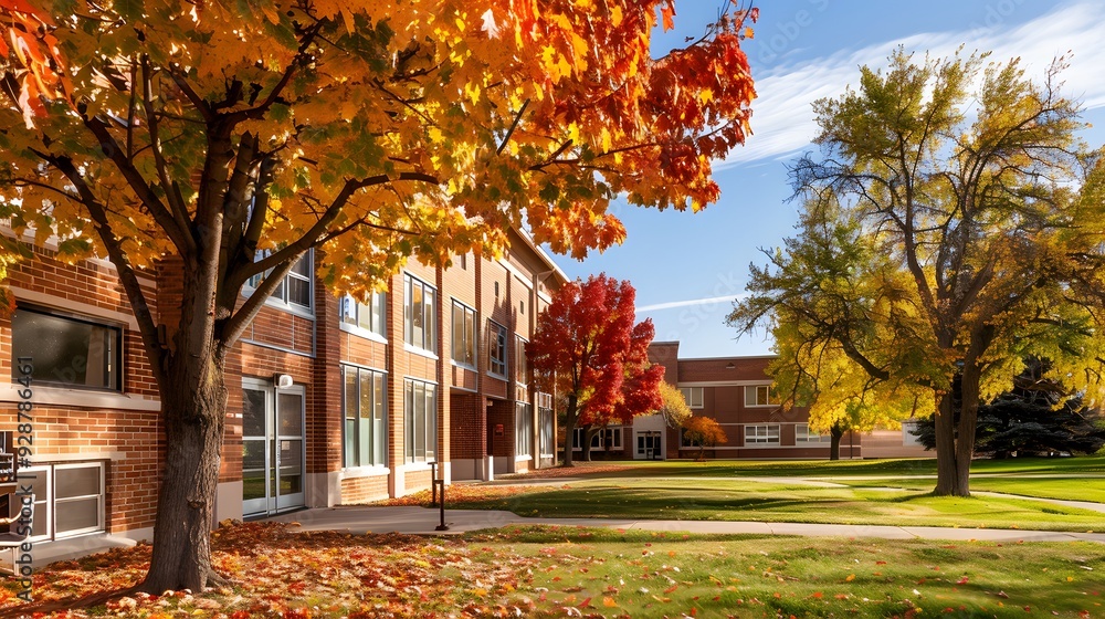 Naklejka premium Autumnal School Exterior with Changing Leaves, Framing a Classic Academic Building in a Scenic Vista