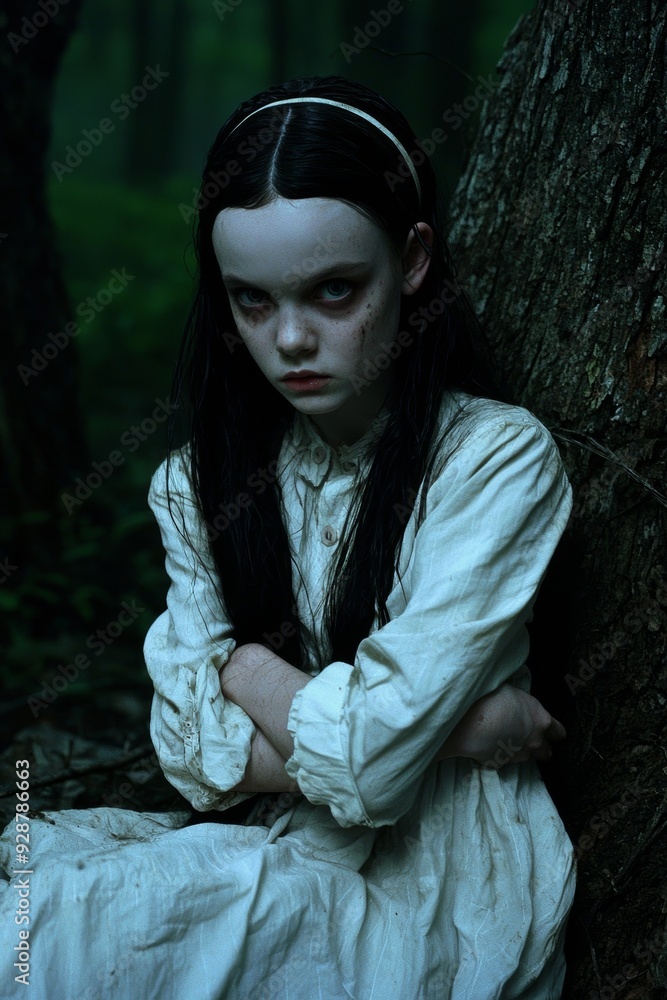 Halloween spook sitting on the ground looking at camera in woods at night Halloween spook sitting on the ground looking at camera in woods at night