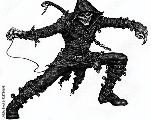 An image depicting a body weaver in a mask and rags fantasy sketch. A ghost can be seen wearing a bone mask and wearing a sectarian hoodie.