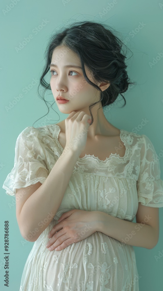 Fototapeta premium A middleaged pregnant Asian woman standing with on 009 woman, beauty, hair, fashion, model, dress, face, lady, glamour, studio, long, person, smile, blond, people, hairstyle, eyes, brunette, lips, bl