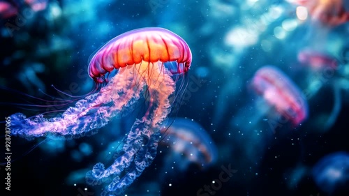 Celestial Drifters: Glowing Jellyfish in the Deep
 photo