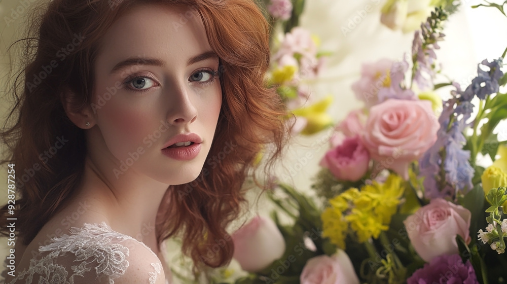 Young woman with red hair in a lace dress surrounded by blooming flowers, creating a romantic, soft atmosphere Young woman with red hair in a lace dress surrounded by blooming flowers, creating a romantic, soft atmosphere