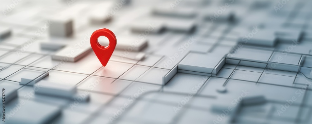 Fototapeta premium A red location pin positioned on a digital map, representing navigation and mapping concepts in modern technology.