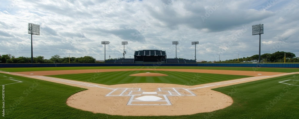 Obraz premium A panoramic view of a well-maintained baseball field under a cloudy sky, perfect for sports-themed projects and promotions.
