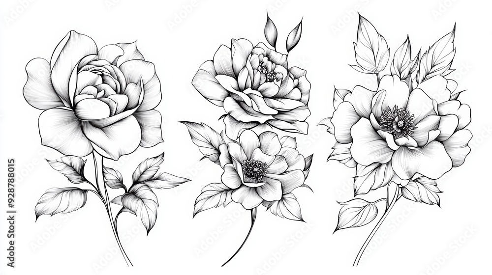 Three black and white flowers are drawn in a line Three black and white flowers are drawn in a line
