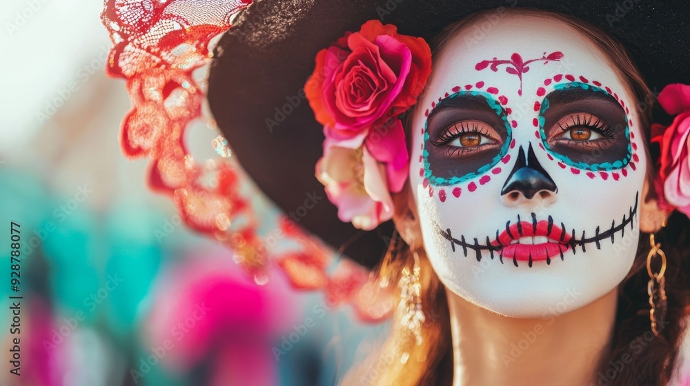 A woman with a skull and rose decoration on her face and a black hat A woman with a skull and rose decoration on her face and a black hat