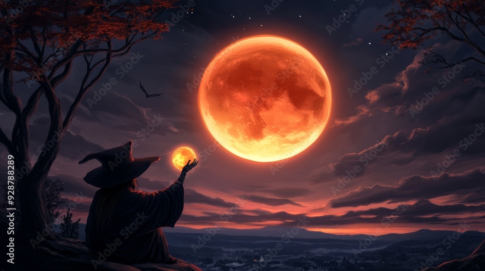Witch in flight, glowing orb in hand, black cat perched, crooked hat, overlooking village, mystical night Witch in flight, glowing orb in hand, black cat perched, crooked hat, overlooking village, mystical night