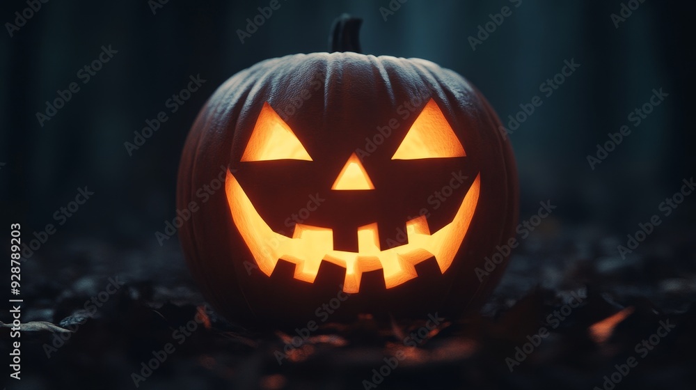 Glowing Jack-o'-Lantern, dark forest setting, eerie mist, chilling glow, haunted ambiance Glowing Jack-o'-Lantern, dark forest setting, eerie mist, chilling glow, haunted ambiance