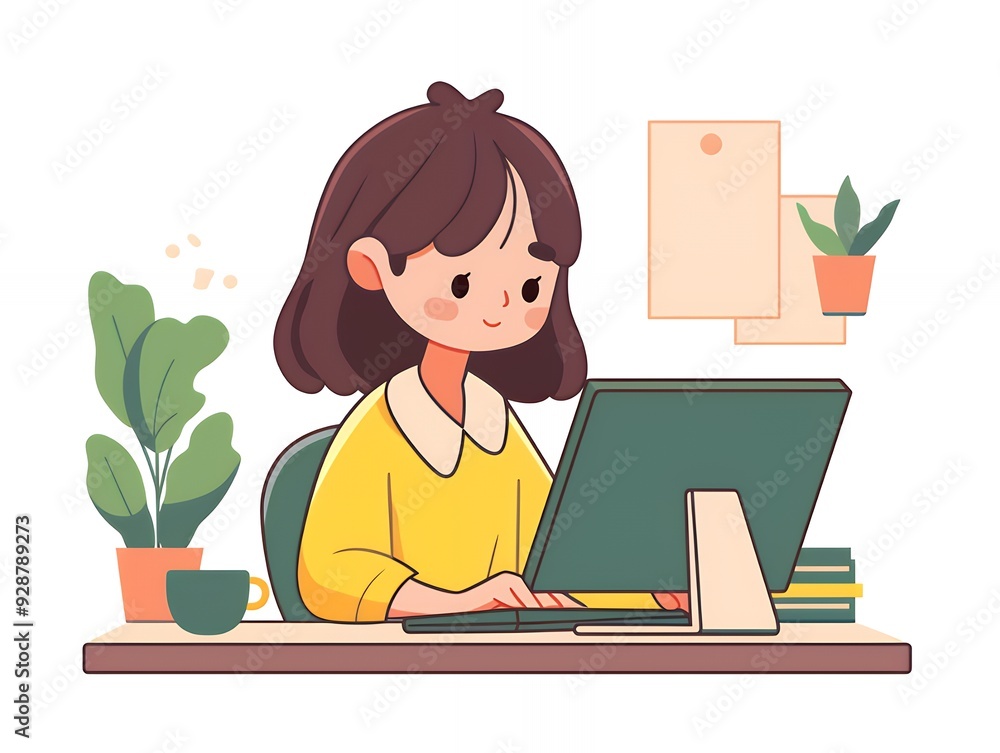 A young woman with short brown hair sits at a desk working on a computer.