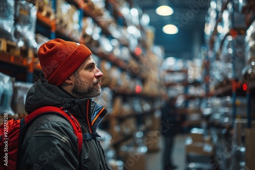 A warehouse worker wearing a red beanie and a backpack stands in a dimly lit warehouse aisle filled with shelves of goods, representing organized labor and inventory management.