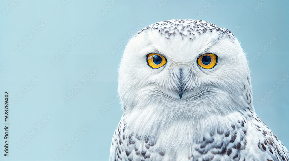 Obraz premium Close-up portrait of a snowy owl with striking yellow eyes and white plumage against a light blue background, showcasing the beauty and majesty of this iconic arctic bird