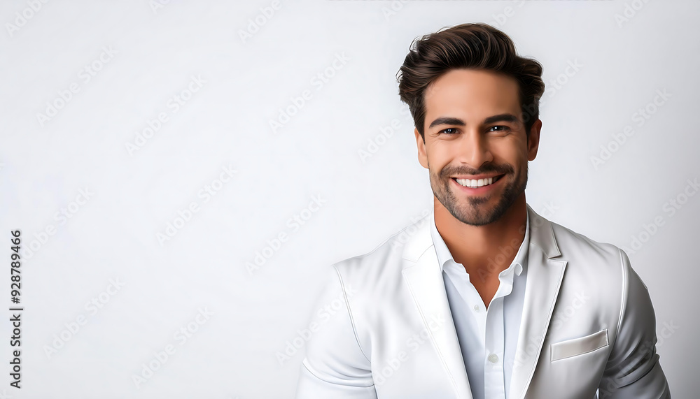 smiling male fashion model trendy white attire white background space text smiling male fashion model trendy white attire white background space text