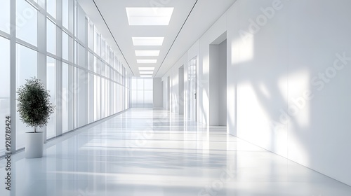 Wallpaper Mural Modern white office interior, a long corridor with windows and light from the windows, photorealistic landscapes, architectural photography, bright white walls, glossy floor tiles, high ceilings, mini Torontodigital.ca