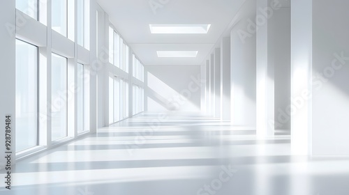 Modern white office interior, a long corridor with windows and light from the windows, photorealistic landscapes, architectural photography, bright white walls, glossy floor tiles, high ceilings, mini