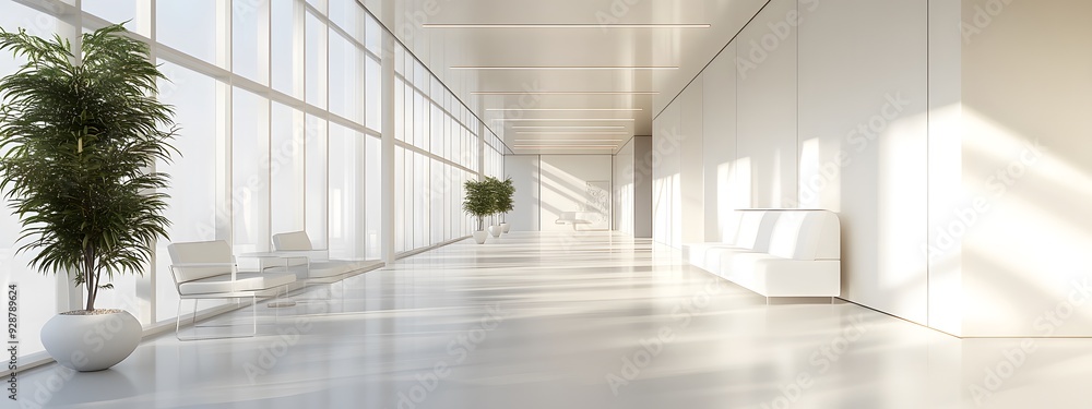 Obraz premium Modern white office interior, a long corridor with windows and light from the windows, photorealistic landscapes, architectural photography, bright white walls, glossy floor tiles, high ceilings, mini