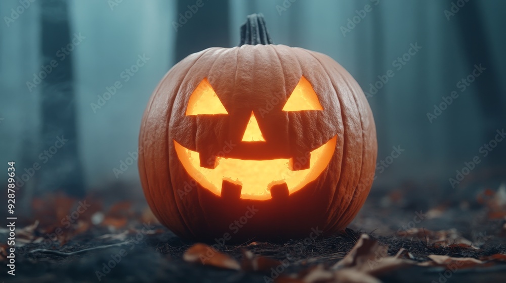 Glowing Jack-o'-Lantern, dark forest setting, eerie mist, chilling glow, haunted ambiance Glowing Jack-o'-Lantern, dark forest setting, eerie mist, chilling glow, haunted ambiance