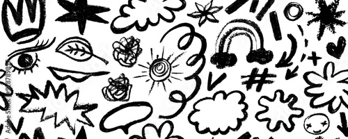 Seamless pattern organic grunge bold shapes, eyes, sun,  star, crown, arrow, curved lines and dots. Geometric vector collage in Memphis style. Hand drawn geometric pattern.