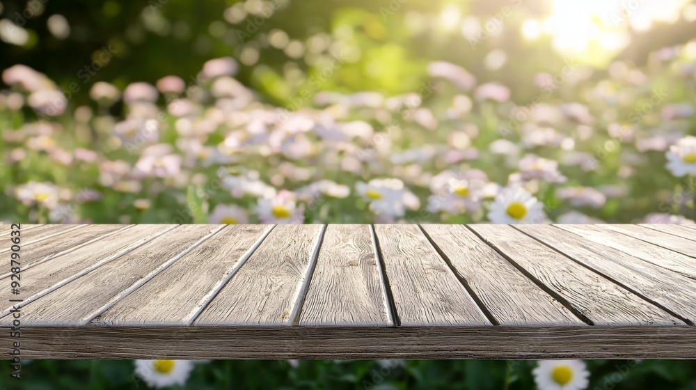 A wooden table with a view of a field of flowers A wooden table with a view of a field of flowers
