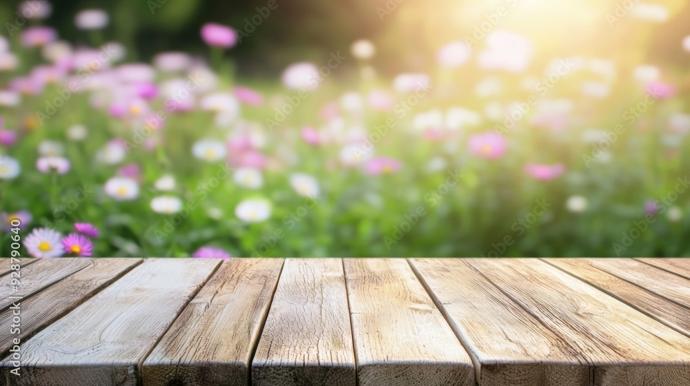 A wooden table with a view of a field of flowers A wooden table with a view of a field of flowers
