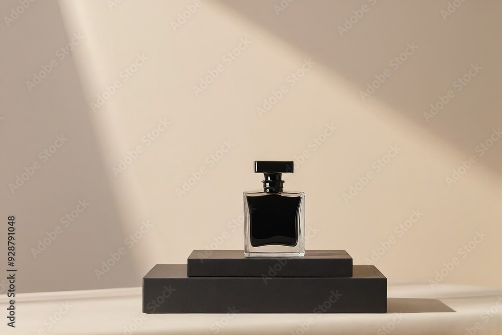 Elegant Mockup of a Plain Black Perfume Bottle on a Neutral Background with Copy Space. Elegant Mockup of a Plain Black Perfume Bottle on a Neutral Background with Copy Space.