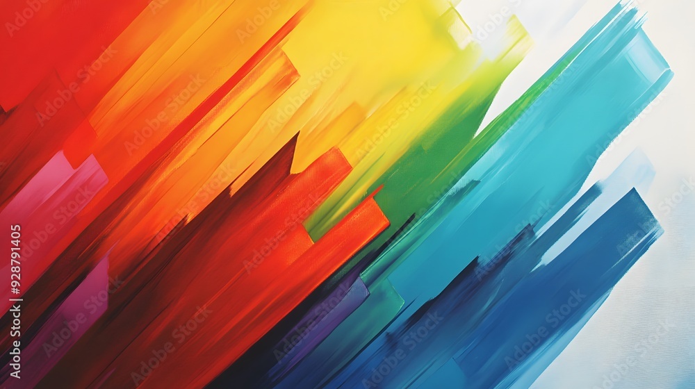 Abstract painting with diagonal strokes of red, orange, yellow, green, blue, and white. Abstract painting with diagonal strokes of red, orange, yellow, green, blue, and white.