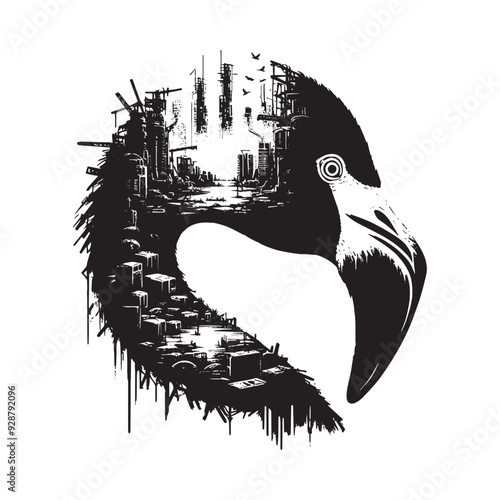 silhouette of Flamingo filled with destroyed futuristic dystopia environment in rough drawing