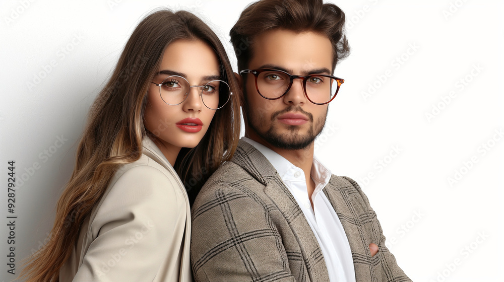 Elegant Young Couple in Glasses Wearing Stylish Blazers Against White Background Elegant Young Couple in Glasses Wearing Stylish Blazers Against White Background