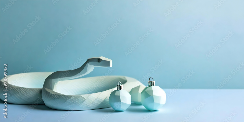 A stylish minimalist image of a white geometric snake on a blue background. Light blue herringbone balls with a multifaceted texture. Festive New Year card, New Year and Christmas project. Minimalism