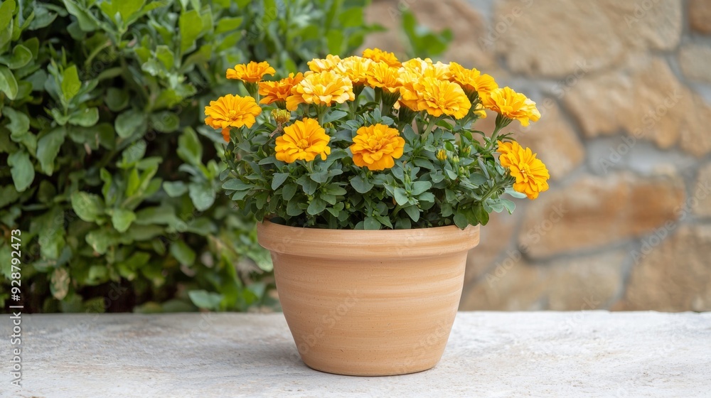 A small pot with a yellow flower in it sits on a stone wall A small pot with a yellow flower in it sits on a stone wall