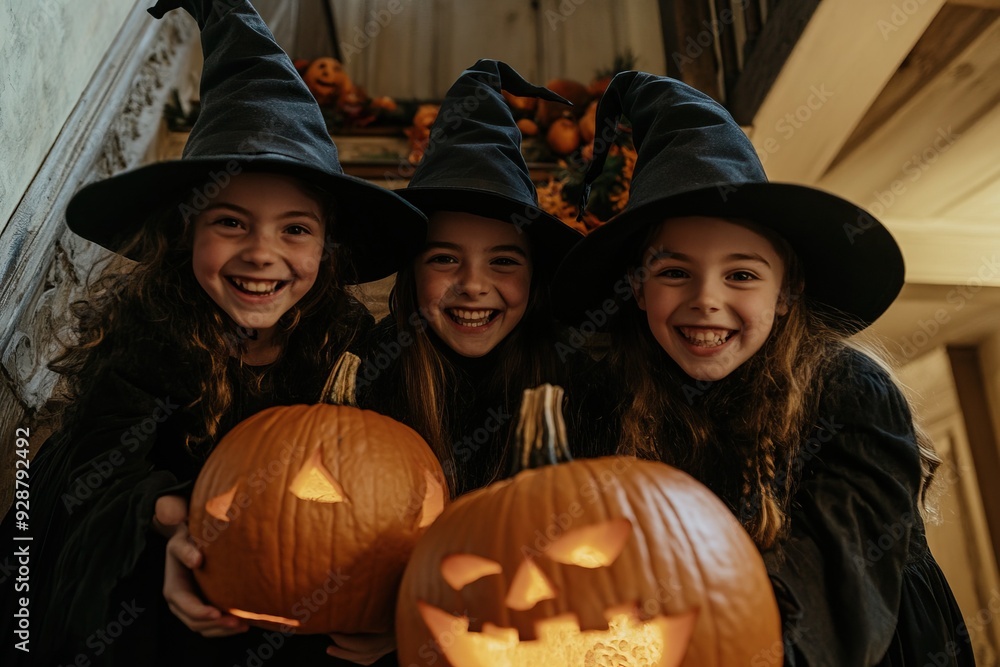 Three Happy Children Dressed as Witches Holding Jack-O-Lanterns and Smiling for Halloween Celebration Indoors Three Happy Children Dressed as Witches Holding Jack-O-Lanterns and Smiling for Halloween Celebration Indoors