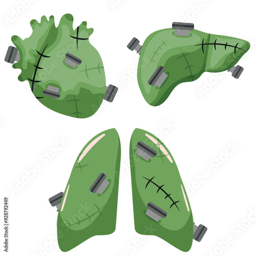 icon for Halloween green lungs, heart and liver of the Frankenstein monster with scars and bolts, vector