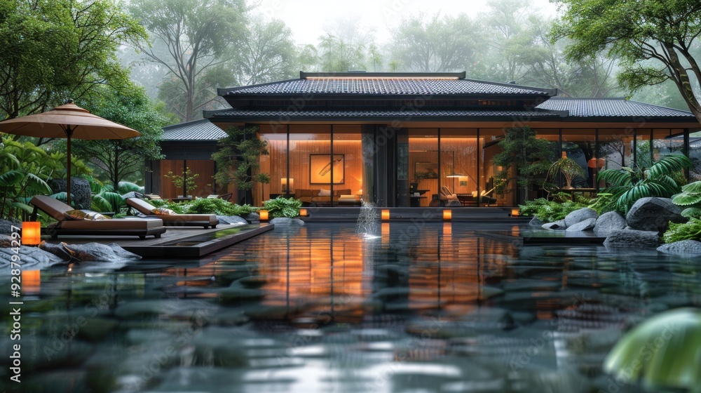 Modern Asian House with Pool and Foggy Garden Modern Asian House with Pool and Foggy Garden
