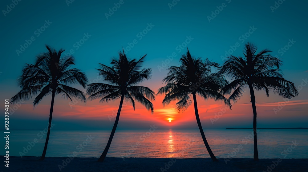 Fototapeta premium Silhouette of palm trees on a beach at sunset.