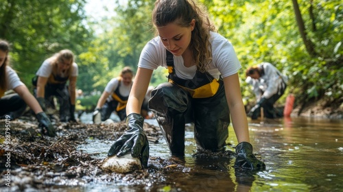 A river being cleaned by volunteers, demonstrating hands-on environmental conservation photo