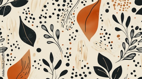 A trendy abstract pattern with stylish leaves and playful dots in earthy tones on a light cream background