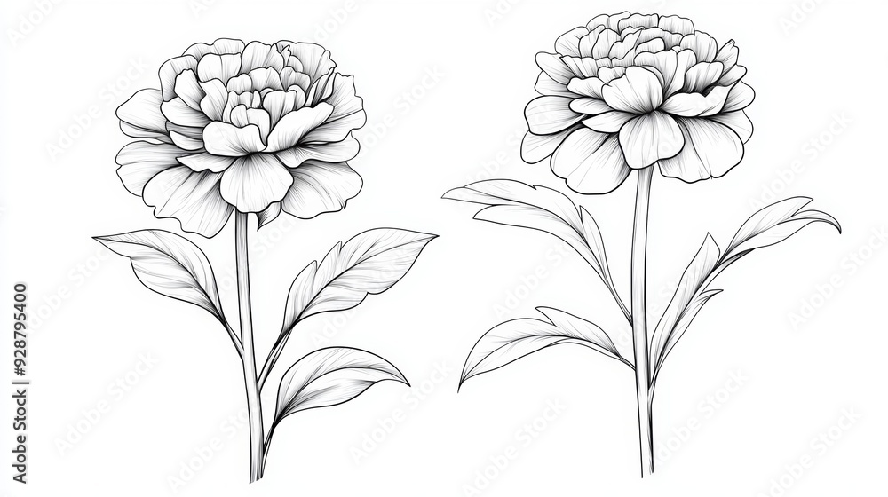 Two flowers are drawn in black and white Two flowers are drawn in black and white