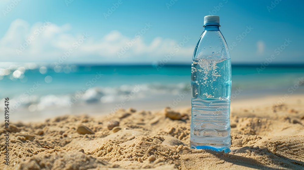 Close up of a water bottle on the beach sand with a blurry background of the ocean and sky. Close up of a water bottle on the beach sand with a blurry background of the ocean and sky.
