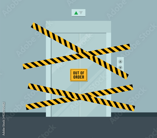 Closed damaged elevator door in flat style. Elevator repair concept. Broken elevator. Vector stock