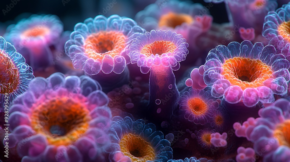Close-up of monkeypox virus cells under a microscope, vibrant colors highlighting the viral structure Close-up of monkeypox virus cells under a microscope, vibrant colors highlighting the viral structure