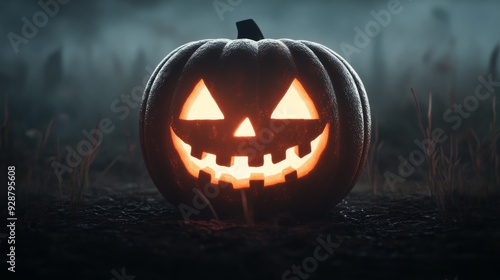 Jack-o'-Lantern, dark and eerie forest, glowing face, thick fog, Halloween night vibe