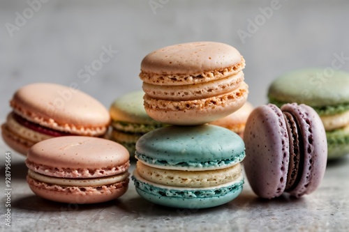 French macarons in assorted pastel colors on white background