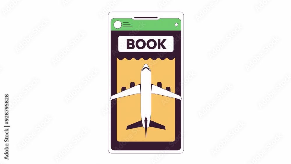 Flight booking airline ticket phone screen 2D object animation. Airplane e-ticket reservation flat color cartoon 4K video, alpha channel. Airfare deals smartphone animated item on white background Flight booking airline ticket phone screen 2D object animation. Airplane e-ticket reservation flat color cartoon 4K video, alpha channel. Airfare deals smartphone animated item on white background
